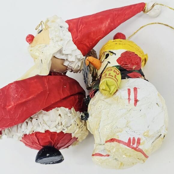 Vintage 70's Paper Mache Santa Claus and Snowman Christmas Ornament Late Century - Picture 5 of 9